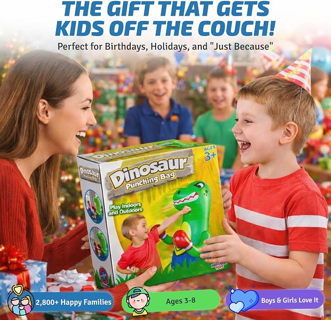 Preferred Toys 47" Inflatable Dinosaur Punching Bag for Kids - Durable Blow Up Kids Punching Bag with Bounce Back Base - Inflatable Indoor Outdoor Active Toddler Bop Play Toy