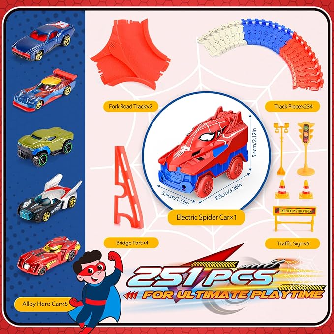 Aetyni Spider Toys for Boys 3-4: 251 PCS Spider Race Track with 5 Alloy Cars Toys for 3 4 5 6 Year Old Boys Car Tracks for Kids Toddler Boy Age 3-5 4-6 6-8 Christmas Birthday Gifts
