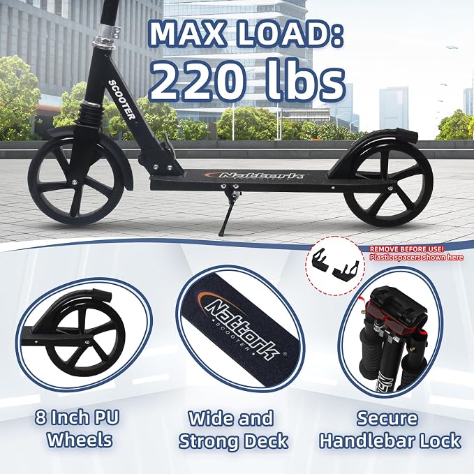 Nattork Kick Scooter for Kids 6+ Years Teens Adults - 220LB Weight Capacity, Front Shock Absorber and Adjustable Handlebar - Smooth Ride with 8" Sturdy Wheels, Ideal for Outdoor Sports
