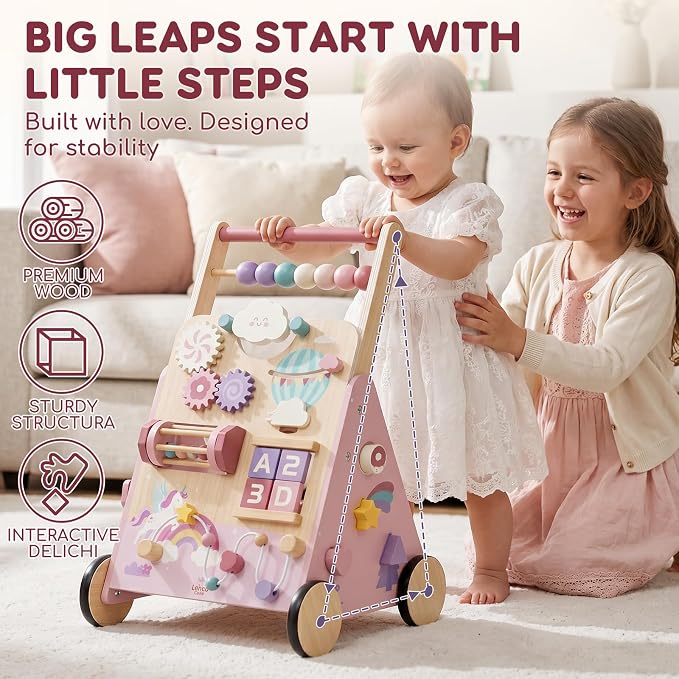 Lehoo Castle Unicorn Wooden Baby Walker, Adjustable Speed Baby Push Walker | Push Walker with 10-in-1 Activity Center, Montessori Walker Toy for 1 Year Old Girls Learning to Walk