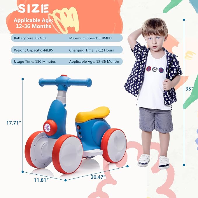 6V Electric Baby Balance Bike for 1 Year Old Boys Girls Ride on Toys 12-36 Months Toddler Balance Bike, 4 Wheels Kids First Bike with Remote Control First Birthday Gifts- Blue&Red