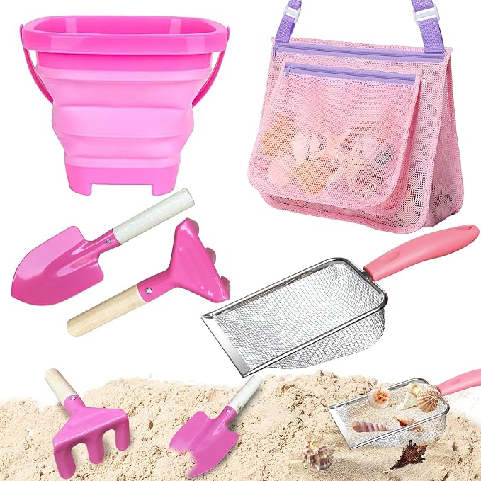 5 Pcs Sand Toys Beach Set Include 1 Metal Shovel,1 Metal Rake,1 Foldable Beach Bucket & 1 Sand Sifter with 1 Mesh Beach Bag for Shells Collecting