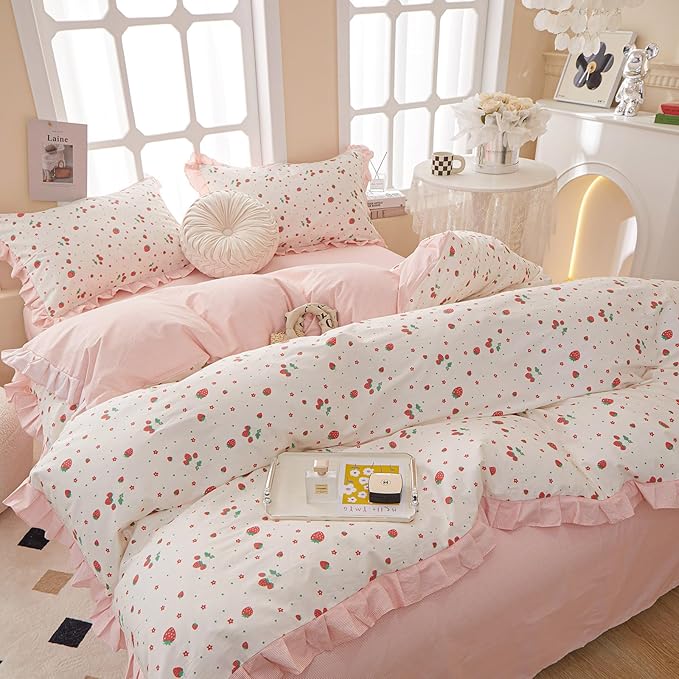 LifeTB Kawaii Pink Strawberry Comforter Set King Girls Cute Strawberry Bedding Comforter Fluffy Soft Microfiber Bedding Set 1 Ruffled Comforter with 2 Pillowcases Pink Floral Comforter Set