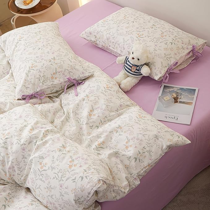 Vintage Floral Comforter Set Twin XL, Cottagecore Aesthetic Cute Flower Pattern Comforter for All Seasons, Lightweight Coquette Bedding Set Flowers Botanical Comforter with 2 Bow Ties Pillowcases
