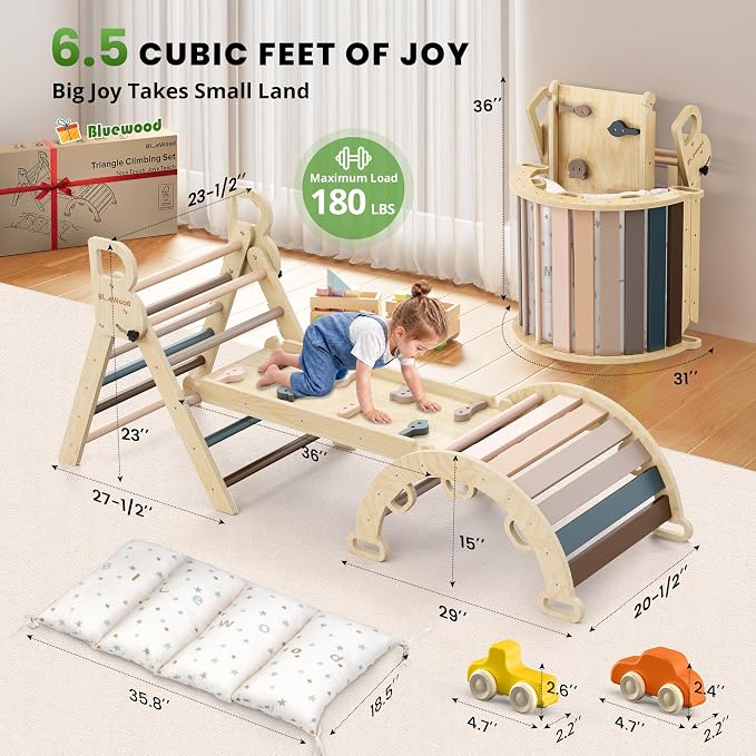 BlueWood Pikler Triangle Set with Cushion - Climbing Toys for Toddlers 9-in-1, Montessori Philosophy Play Jungle Gym with Arch, Ramp, Ladder (Pink)