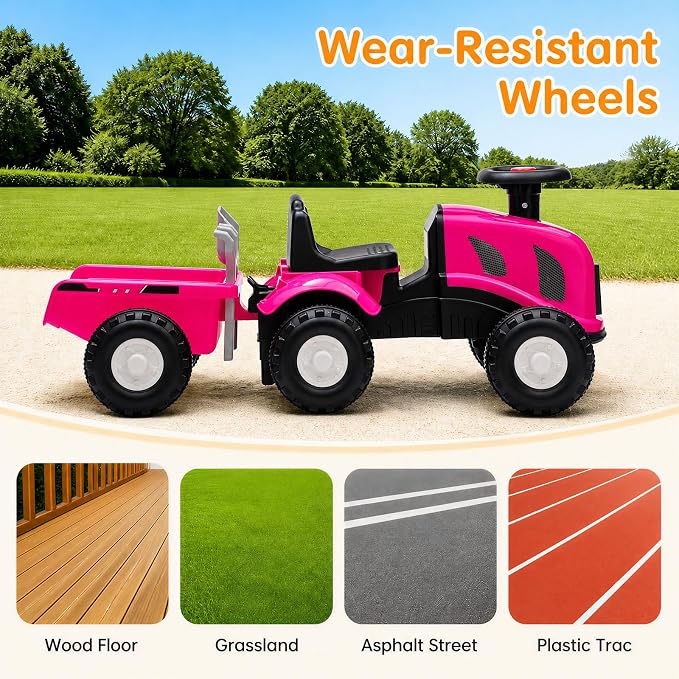 Kids Ride on Tractor, 2 in 1 Foot to Floor Push Car w/Detachable Trailer, Horn, Rake & Shovel, No Power Sliding Toy Gift for Toddlers, Outdoor Ride on Construction Vehicle (Pink)
