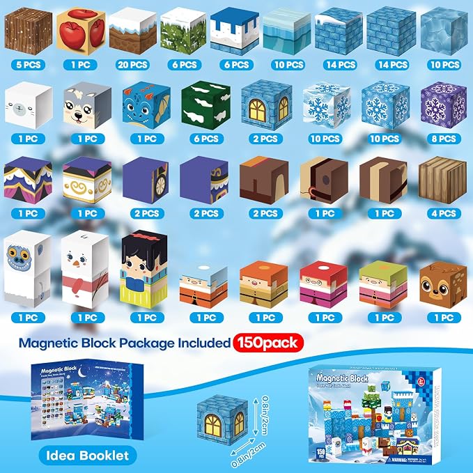 150pcs Magnetic Blocks, Magnetic Blocks for Kids Ages 4-8, Magnetic Cubes Sets for Ice Castle Worlds Build, Stacking Magnets for Kids, Birthday Gifts for Boys and Girls Age 3+ Years Old