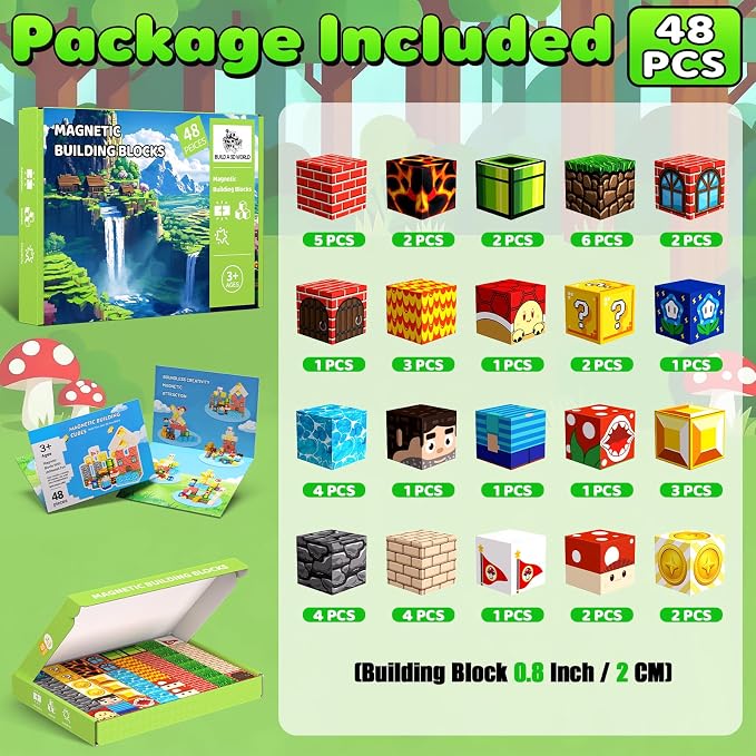 Magnetic Blocks, 48PCS Magnetic Building Blocks, Stacking Magnets for Kids, Sensory Toy for STEM Constructions Magnet Blocks for Boys Girls Age 3+, Christmas Birthday Gifts (Lava Forest)