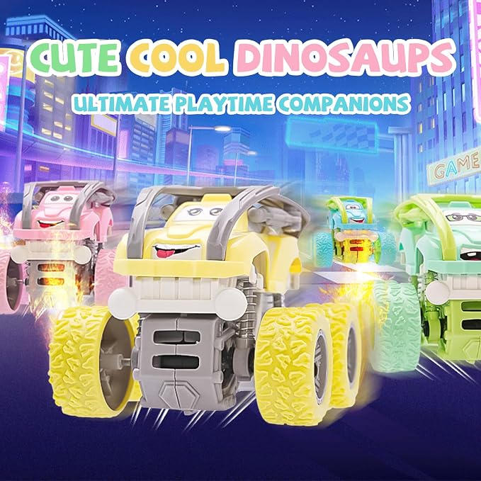 Monster Truck for Boys 3 4 5 6 7 Year Old,4 Pack Push and Go Friction Powered Car Toys, Double-Directions Inertia Pull Back Vehicle Set,Birthday Party Gift for Kids (Type_E)