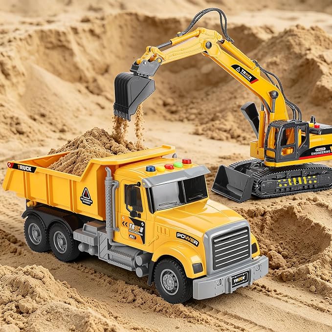 VGY 2 Pack Large Construction Engineering Truck Toys,Excavator Toys for Boys 3-5 Year Old with Moveable Claw,Trucks for Kids Ages 4-8 with Lifting Back Dump Truck,Christmas Birthday Gift for Toddlers