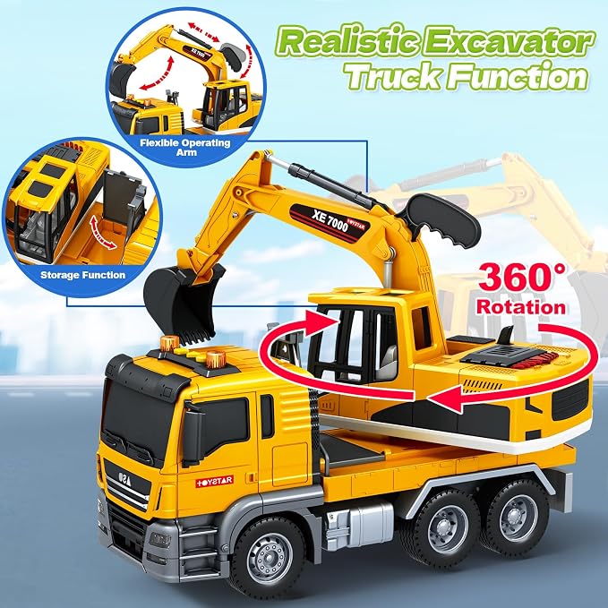 Bstoyder Kids Toys for 3 4 5 6 7 8 Years Old Boys, Large Excavator Truck Toy with Lights, Sounds, Toddler Friction Powered Truck Vehicle Toy for Boys Girls Christmas Birthday Gifts