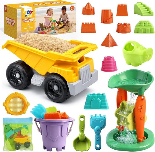 TOY Life 23 Pcs Beach Toys for Kids Sand Toys with Construction Cars Castle Bucket Shovels & Sand Castle Building Kit Molds, Sandbox Toy for Summer Water Play, Travel, Fishing