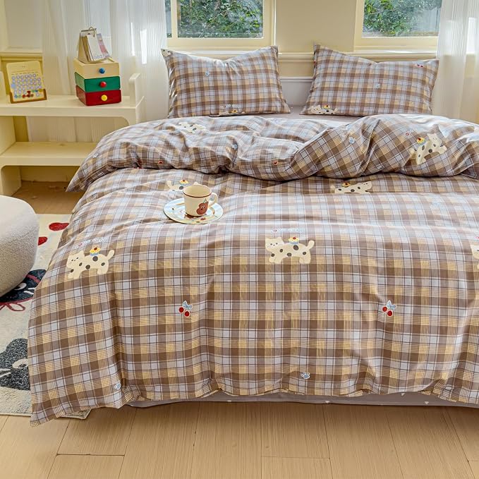 LIWHENHAO Duvet Cover Set Twin 100% Cotton Bedding Cartoon Cat Kitten on Brown Plaid 1 Kawaii Animal Pet Comforter Cover Zipper Closure 2 Pillowcases for Kids Girls Boys