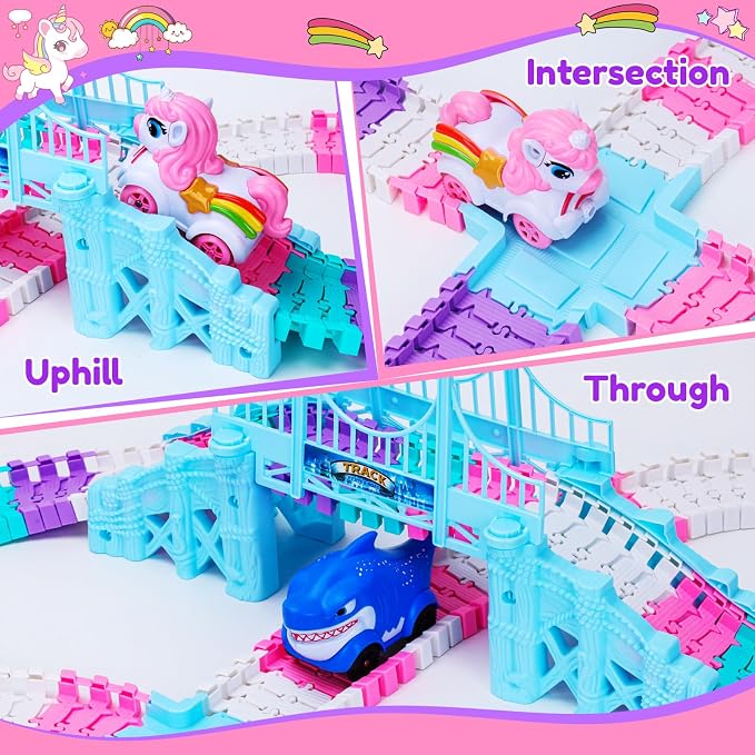 Race Track Toys for 3 4 5 Year Old Girls Gifts: Unicorn & Shark 194PCS Flexible Racetrack for Kids Ages 4-8 | Monster Truck Car Toys for Toddlers 3-6 | Magic Tracks Toddler Girls Toys Age 6-8