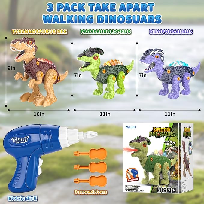 Take Apart Dinosaur Toys for Kids 3-5, Walking Dinosaurs with Spray, Lights & Electric Drill, STEM Educational Construction Building Toy, Christmas Birthday Gift for 3 4 5 6 7 8 Year Old Boys