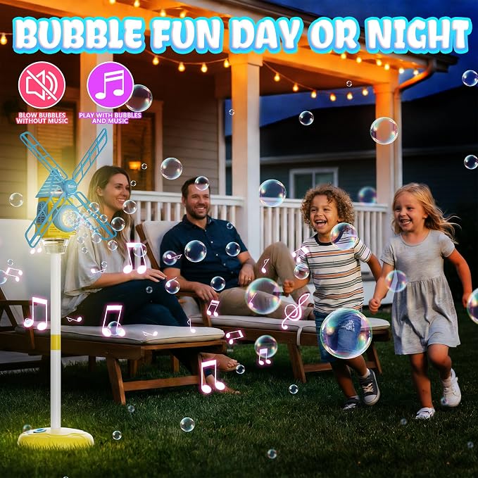 Belemar Windmill Bubble Machine Toys for Kids & Boys, Standing Bubble Blower with Lights & Music, 51" Adjustable Height, 130ml Tank, Bubble Solution Included, Outdoor Toy for Parties & Birthdays