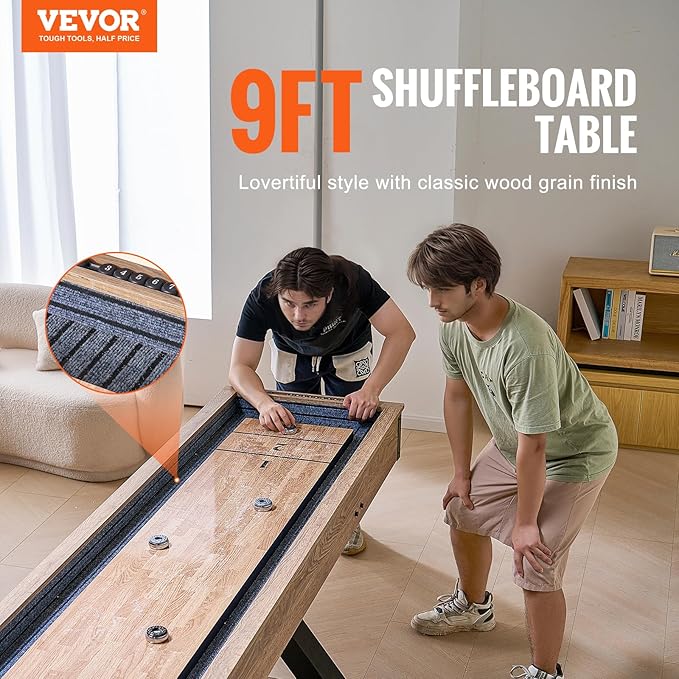 VEVOR Shuffleboard Table, 9 ft Shuffleboard for Family Game Rooms, 2 in 1 Shuffleboard and Bowling Combo Game Set, with Scratch-Resistant Playfield, Legs, 8 Pucks, Bowling Set, Wax, and Table Brush