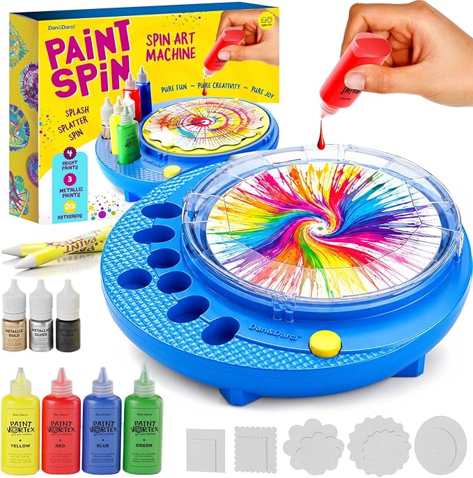 Dan&Darci Paint Vortex Spin Art Machine - Kids Art Kit for Boys & Girls Ages 6+, Motorized Spinner with Splash Guard, Metallic Paints & 20 Artboards - Birthday Gifts for Girls - Craft Kit