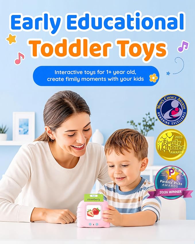 Aullsaty Talking Flash Cards for Toddlers Ages 1-3, 224 Words Montessori Speech Therapy Toys, Autism Sensory Toy, Educational Learning Speech Therapy Birthday Gifts for Boys Girls (Pink)