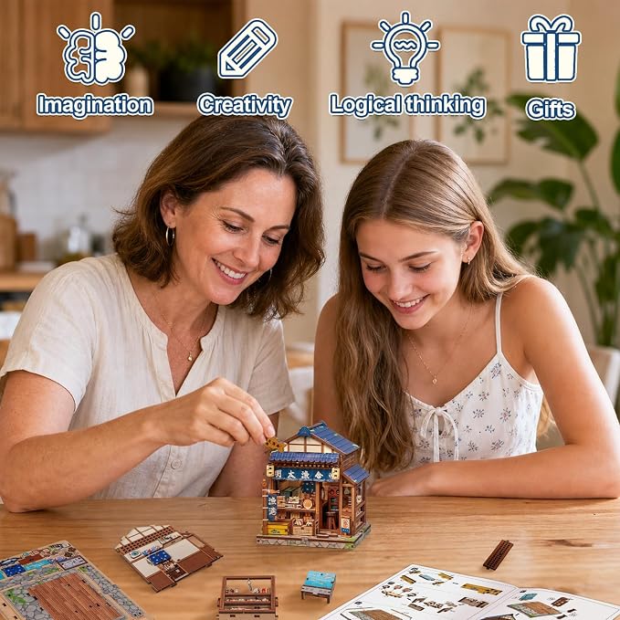 Cutefun DIY Miniature House Kit, 129 Pcs 3D Wooden Puzzle Tiny House Mini House Building Kit for Beginner & Teens, Palm-Sized Japanese Booknook Dollhouse for Bookshelf Decor (Fukuoka Mentaiko Kitchen)