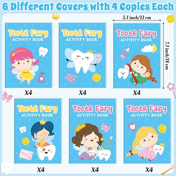 Tooth Fairy Activity Books for Kids - 48Pcs Cute Tooth Fairy Mini Games Coloring Book Set Bulk Cartoon Novelty Tooth Themed Mazes Word Search Word Scramble Games for Classroom DIY Art Gift Party Favor