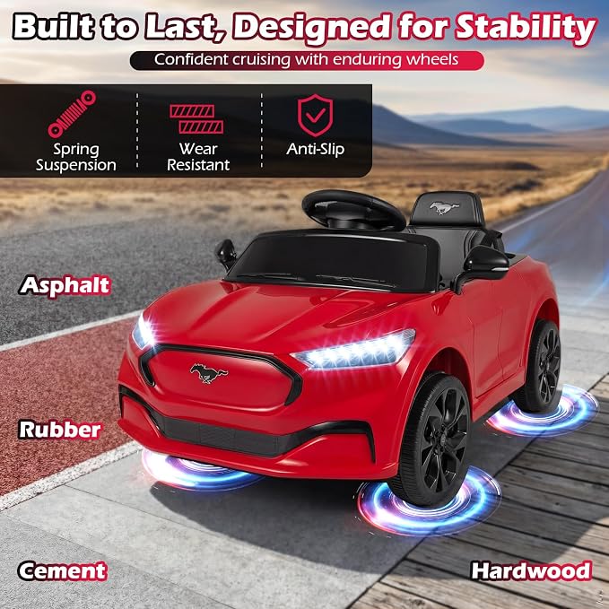 Costzon Ride on Car, 12V Licensed Ford Mach E Kids Electric Vehicle with Parent Control, LED Lights, Horn, Music, Wireless Connection & Spring Suspension, Kids Car Toy for Girls Boys (Red)