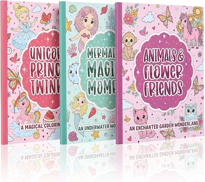 ZICOTO Fun Coloring Books for Kids Set of 3 – Cute Princess, Unicorn & Mermaid Coloring Book for Girls Ages 4–8 – Easy to Color Gift with Magical Themes for Your Creative Little Princess