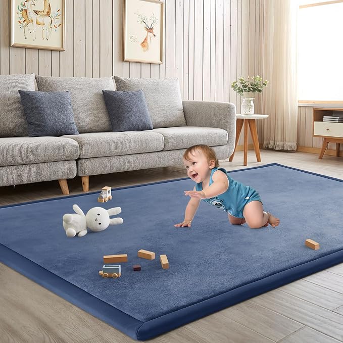 Baby Play Mat for Floor Nursery Rug Muscle Mat Area Rug Playroom Rug 47"x47" Playpen Mat Elastic Foam 1.3" Thick Crawling Mat for Babies,Toddlers, Infants, Kids,Sapphire Blue