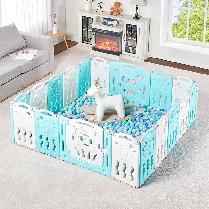 Albott Baby Fence 18 Panels Kids Playpen- Foldable Toddler Safety Play Center Yard Adjustable Shape Portable Design for Children Toddler Indoor Outdoor Use Blue