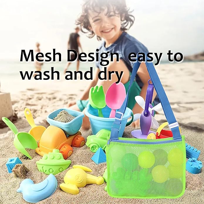 UTTPLL Colorful Mesh Beach Bag Adjustable Kids Quick Dry Net Tote for Seashell Collecting Sand Toy Swimming Accessories
