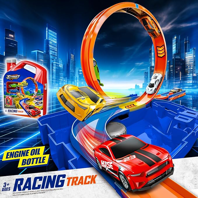 Race Track Toy Car Set with 2 Race Cars,2 in 1 Car Tracks Style with Storage Box,Changeable Tracks Toys Birthday Easter Gifts for Kids 3 4 5 6 7 8+Year Old Boys Girls (Blue)