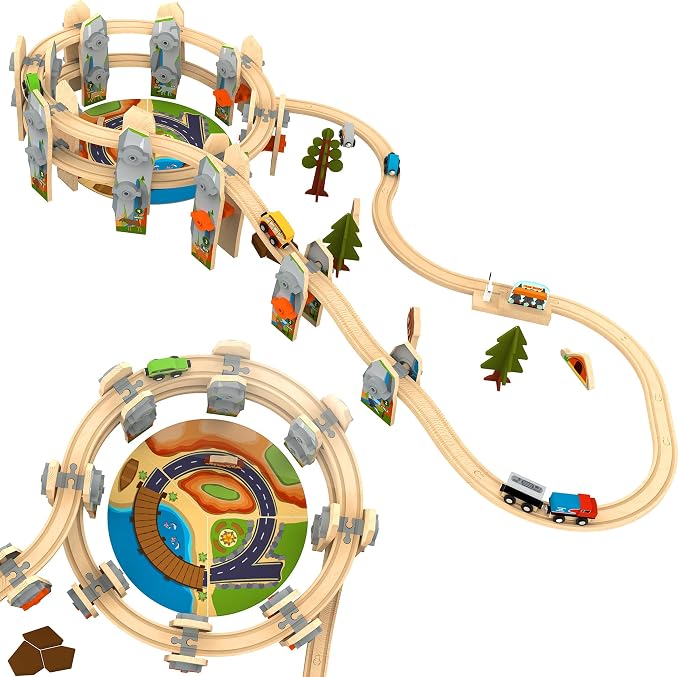 Wooden Train Set 141 Pc Build and Play Elevated Track System STEAM Accredited National Park Animal Railway Multi Level Spiral STEM Toy Gift for Grandkids Kids Toddlers Compatible Thomas Brio Railway
