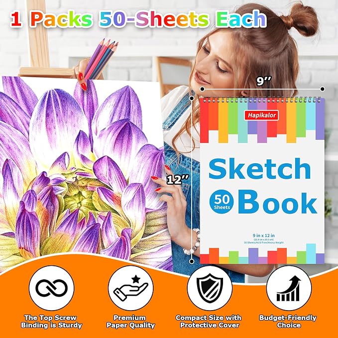 9" x 12" Sketch Book, 1-Pack 50 Sheets Spiral Bound Art Sketchbook, Acid Free Artist Drawing Paper Pad for Beginners Artists