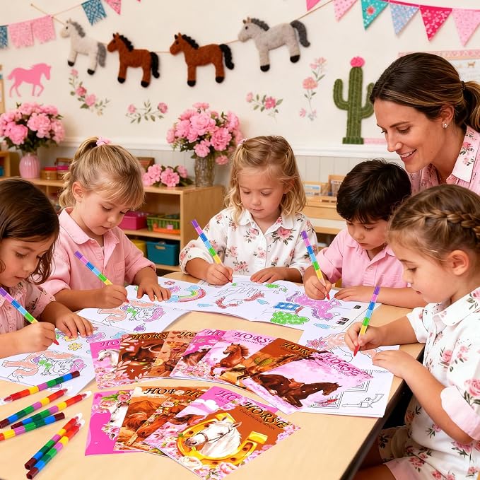 BenLouis 12 Horse Floral Mini Coloring Books Kids with 12 Stacking Crayons Cowgirl Party Favors Small Activity Books Bulk for Kids Girls Horse Racing Flower Party Gift Goodie Bag Stuffers