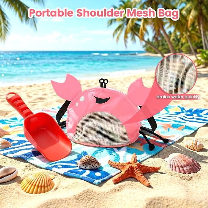 AMOR PRESENT Mesh Baby Beach Bag, Shell Collecting Bag with Shovel Crab-Shaped Adjustable Strap for Holding Shell Sea Pool Sand Toy, Pink