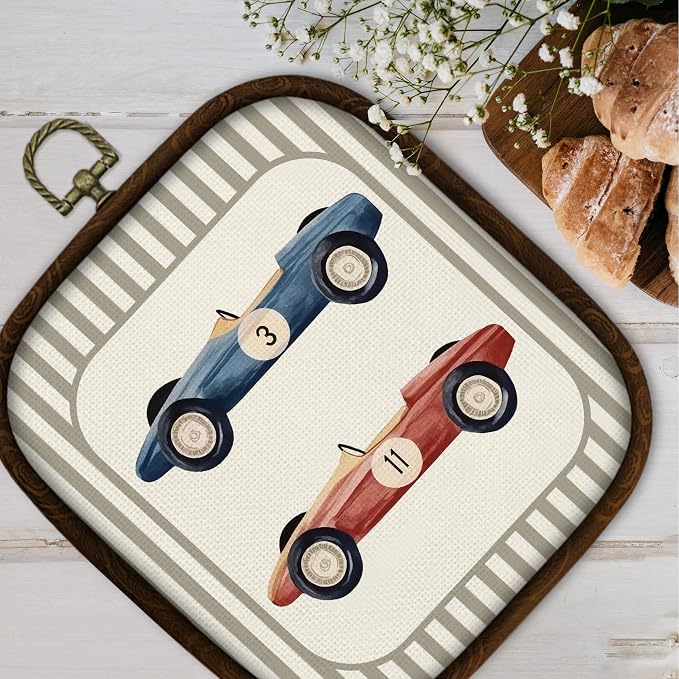 WULQYING Vintage Race Car Nursery Wall Art Decor, Retro Boys Room Square Framed Canvas Art Prints, Racing Gift for Boys Wall Hanging Decor for Home Kids Playroom Boy Bedroom, 5.7x6.5 Inches