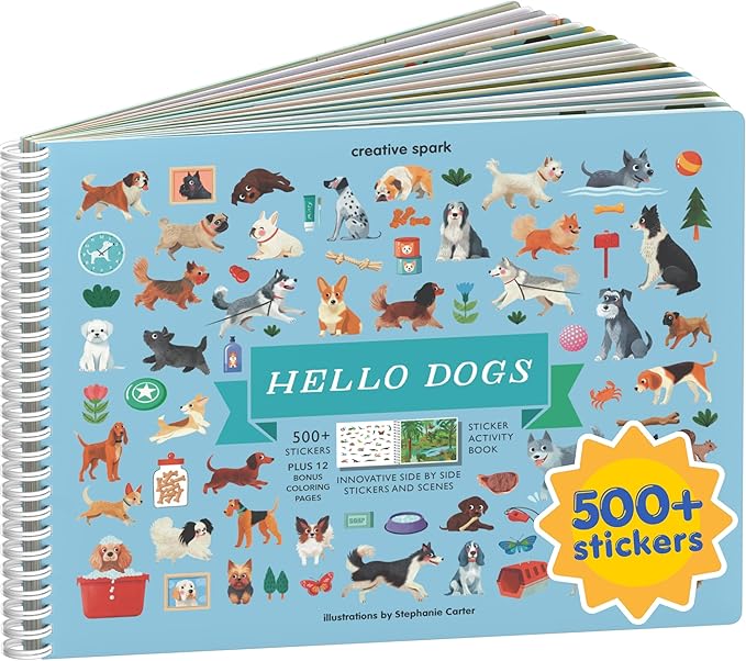Hello Dogs 500+ Kids Sticker Book by Cupkin Toddler Airplane Travel Activity Coloring and Sticker Book, Road Trip Essentials, 12 Coloring Pages 12 Scenes for Ages 2–8 Years