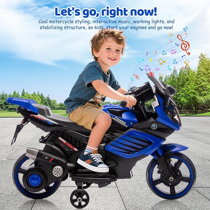 GarveeLife 6V Kids Motorcycle, Electric Ride On Car Toy with Training Wheels, Working Headlight, Horn & Music, Battery Powered Ride On Motorcycle Toy for Toddler Kids Boys Girls Ages 3-5, Blue