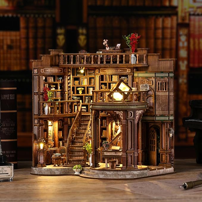 DIY Miniature House Kit, Book Nook Kit, 3D Wooden Puzzles Bookshelf Craft Kits, Dollhouse Kit with LED Light, Mini Building Kit for Adults Teen to Build (Dreamy Book Hall)