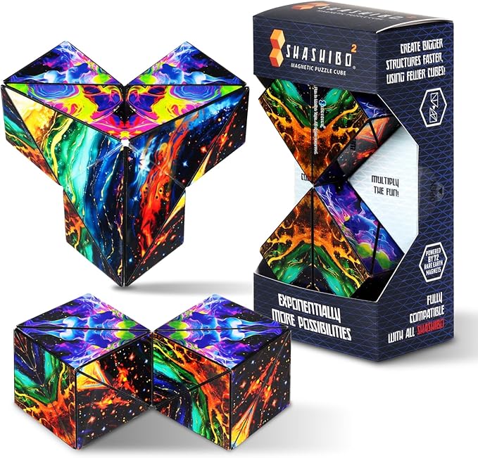 Shashibo Sensory Fidget Toy for Adults & Kids, Stress Relief Fidget Toy for Adults, Teens & Kids, Cool Fidget Toys for Desk, Classroom Must Have, Sensory Shape Shifting Cube, 100+ Possible Shapes