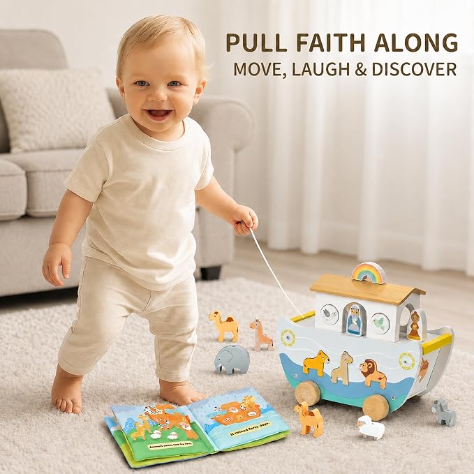 Wooden Noah’s Ark Toy with Cloth Book, Baptism Gifts for Boys and Girls, Christian Shape Sorter and Pull Along Playset for Toddlers 18M+, Animal Matching, Stacking and Threading Toys