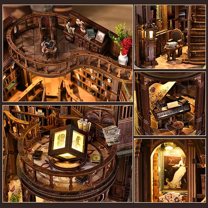 DIY Book Nook Kit for Adults, 888 Pcs 3D Wooden Puzzle Miniature Dollhouse with LED, Library Bookshelf Insert Decor, Mindful Craft Activity for Teens and Adults