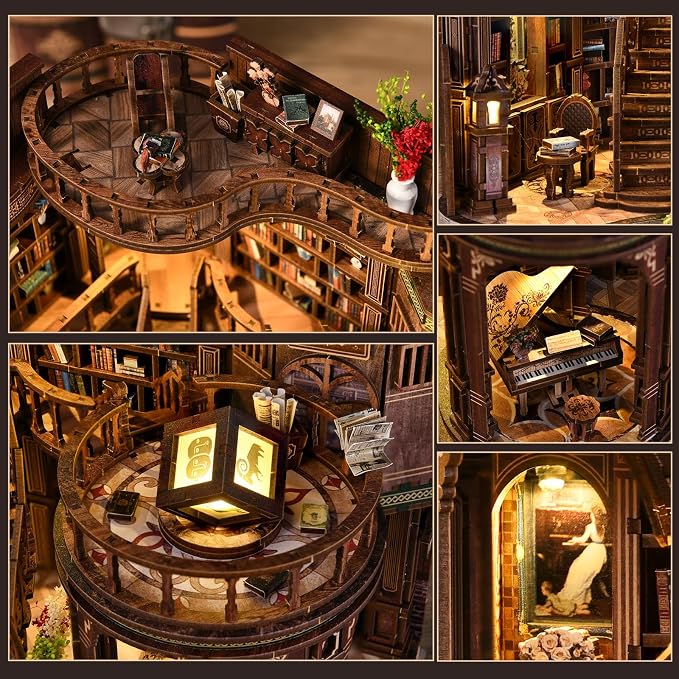 DIY Miniature House Kit, Book Nook Kit, 3D Wooden Puzzles Bookshelf Craft Kits, Dollhouse Kit with LED Light, Mini Building Kit for Adults Teen to Build (Dreamy Book Hall)