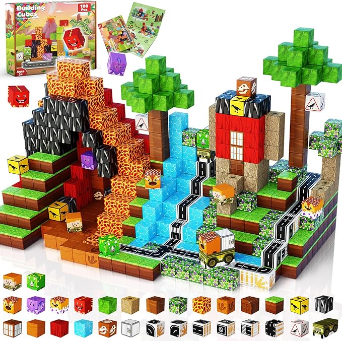 Goody King Dinosaur Volcano Magnetic Blocks |100PCS Dinosaur Magnetic Blocks Cubes,STEM Montessori Sensory Toys for Toddlers Kids Boys Girls Ages 3-5 6-8 Christmas Birthday Easter Gifts