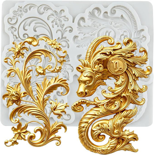 Baroque Dragon Head Acanthus Leaf Scroll Silicone Mold Baroque Dragon Head Leaf Polymer Clay Molds for DIY Crafts Epoxy Resin Casting Polymer Clay Tools Craft Air Dry Jewelry Making