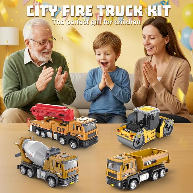 1:50 Die-Cast Dump Truck Toy, Pull-Back with Lights & Sounds, Opening Doors & Tiltable Dump Bed, with Simulated Rocks, for Kids 3-9