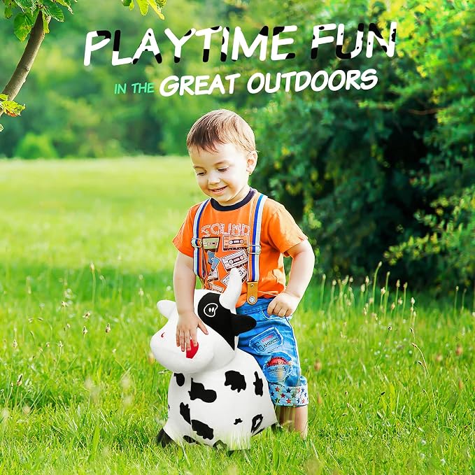 Bouncy Hopper Horse Cow Toys, Inflatable Bouncing Animal Hopping Toys, Outdoor Indoor Ride on Bouncer, Boys Girls Birthday Gift for 18 Month 2 3 4 5 6 Year Old Kid- Plush Cow Toy