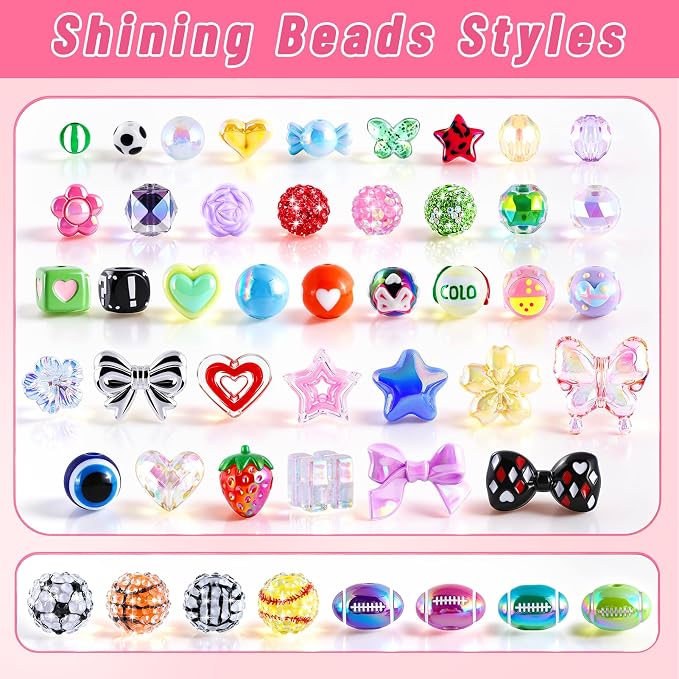 TOHONGADON 2200 PCS DIY Bag Charm Kits, Assorted 8 Colors Acrylic Heart Star Flower Letter Alphabet Beads, Beaded Keychain Making Kit for Women, Keychain Jewelry Making Kit with Beads
