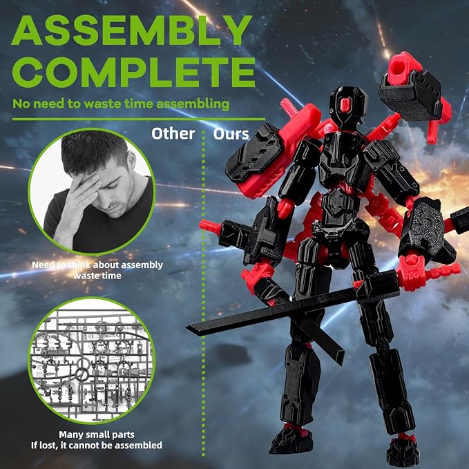 T13 Assembly Completed Action Figure Set, Multi-Jointed Movable 3D Printed Robot Toy, Cool Desktop Decoration Collectible Gift for Game Lovers (Black Green and Black red)