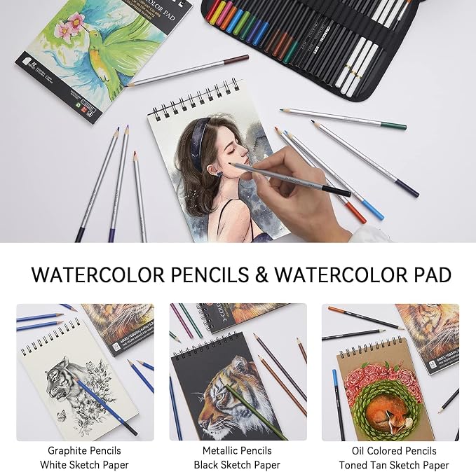PANDAFLY 80 Drawing Set Sketching Kit, Art Supplies with 3-Color Sketchbook & Watercolor Paper, Include Tutorial, Colored, Graphite, Charcoal, Watercolor & Metallic Pencil, for Beginners & Pro Artists